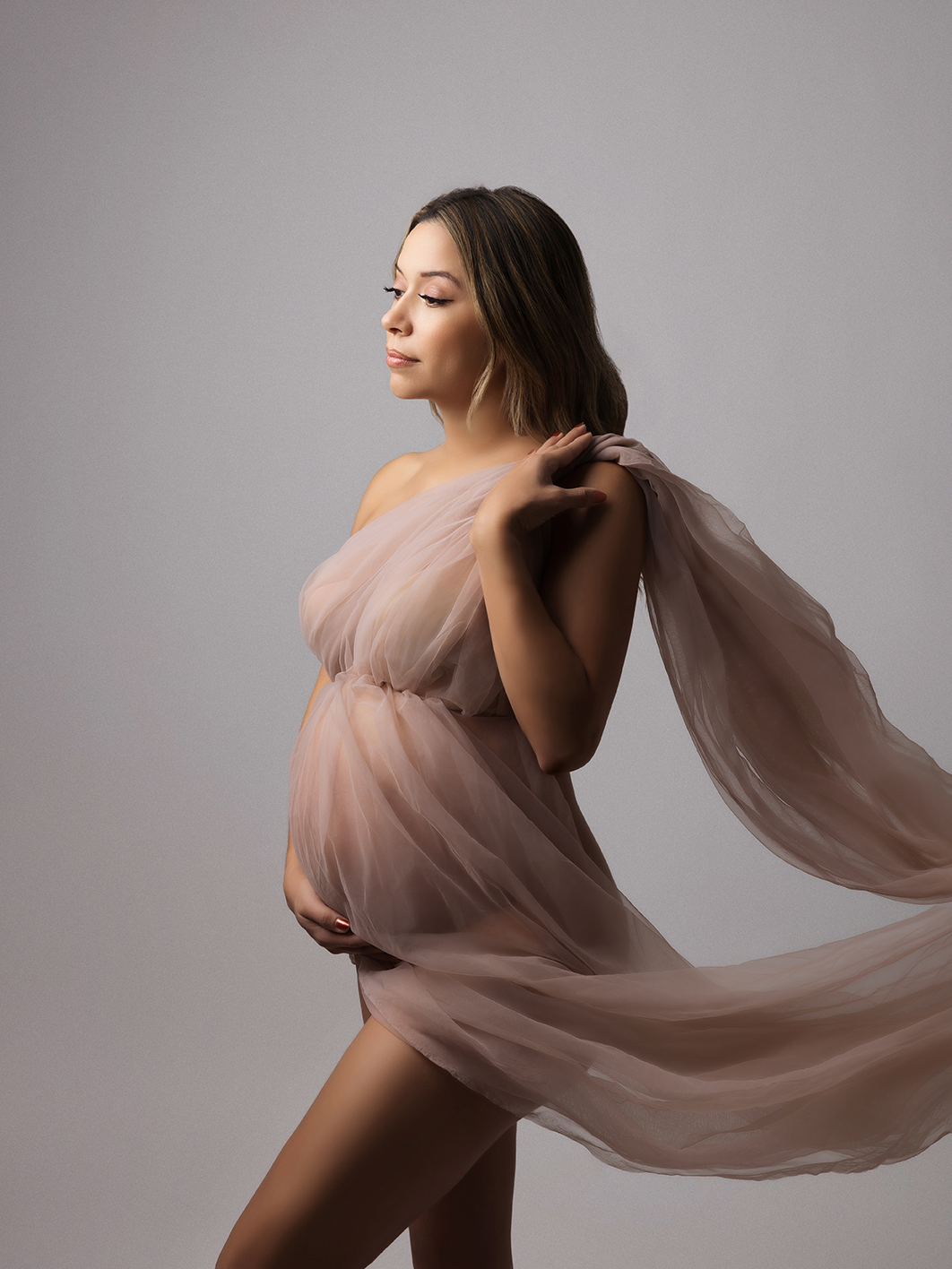 XIAOYUN PHOTOGRAPHY minimalism studio maternity portrait,pregnant woman in sheer nude flowy fabric